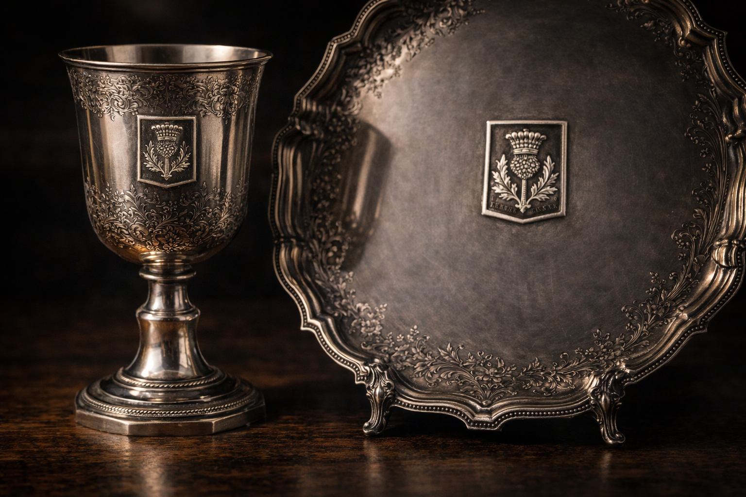 18th-century Scottish sterling silver chalice and salver featuring the Scottish Thistle hallmark from Edinburgh