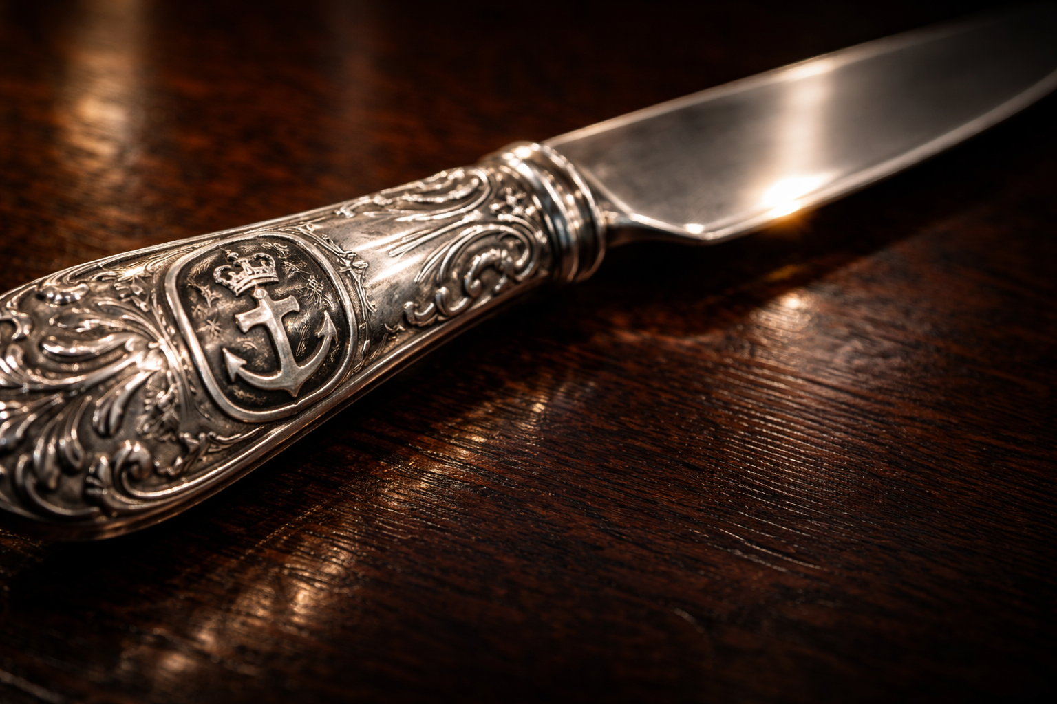 Close-up of antique sterling silver knife handle showing the Birmingham Anchor hallmark