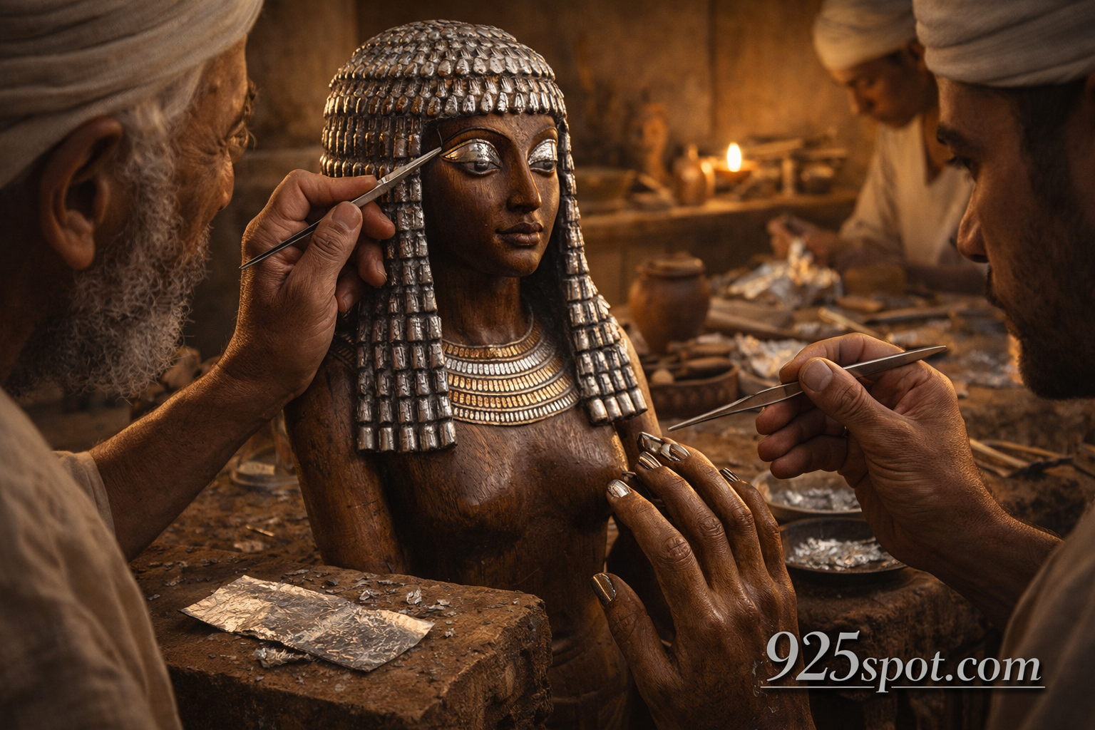 Dynasty 13 Egypt silver leaf wooden figures eyes nails wigs