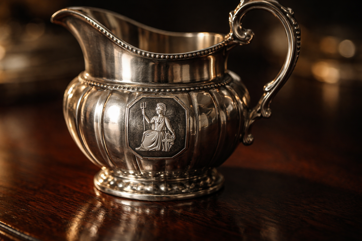Antique sterling silver cream pitcher featuring the seated Britannia hallmark from 1697–1720