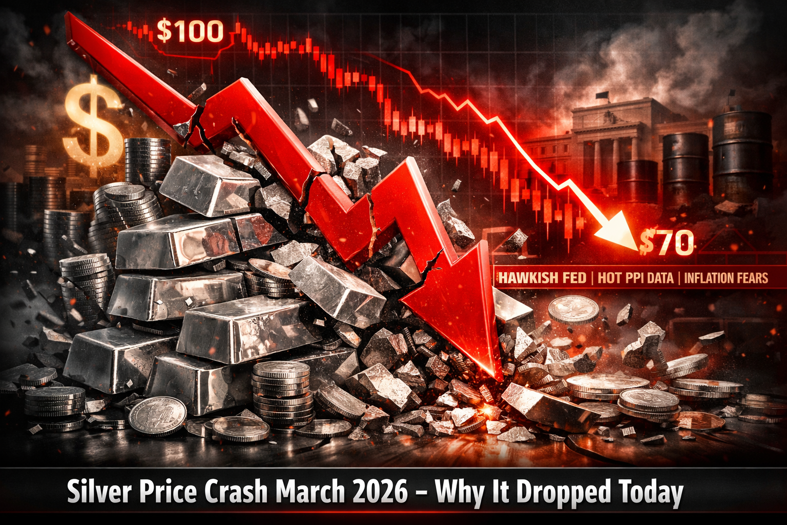 Silver price crash March 2026 showing falling silver bars, coins, market chart, and red downward arrow