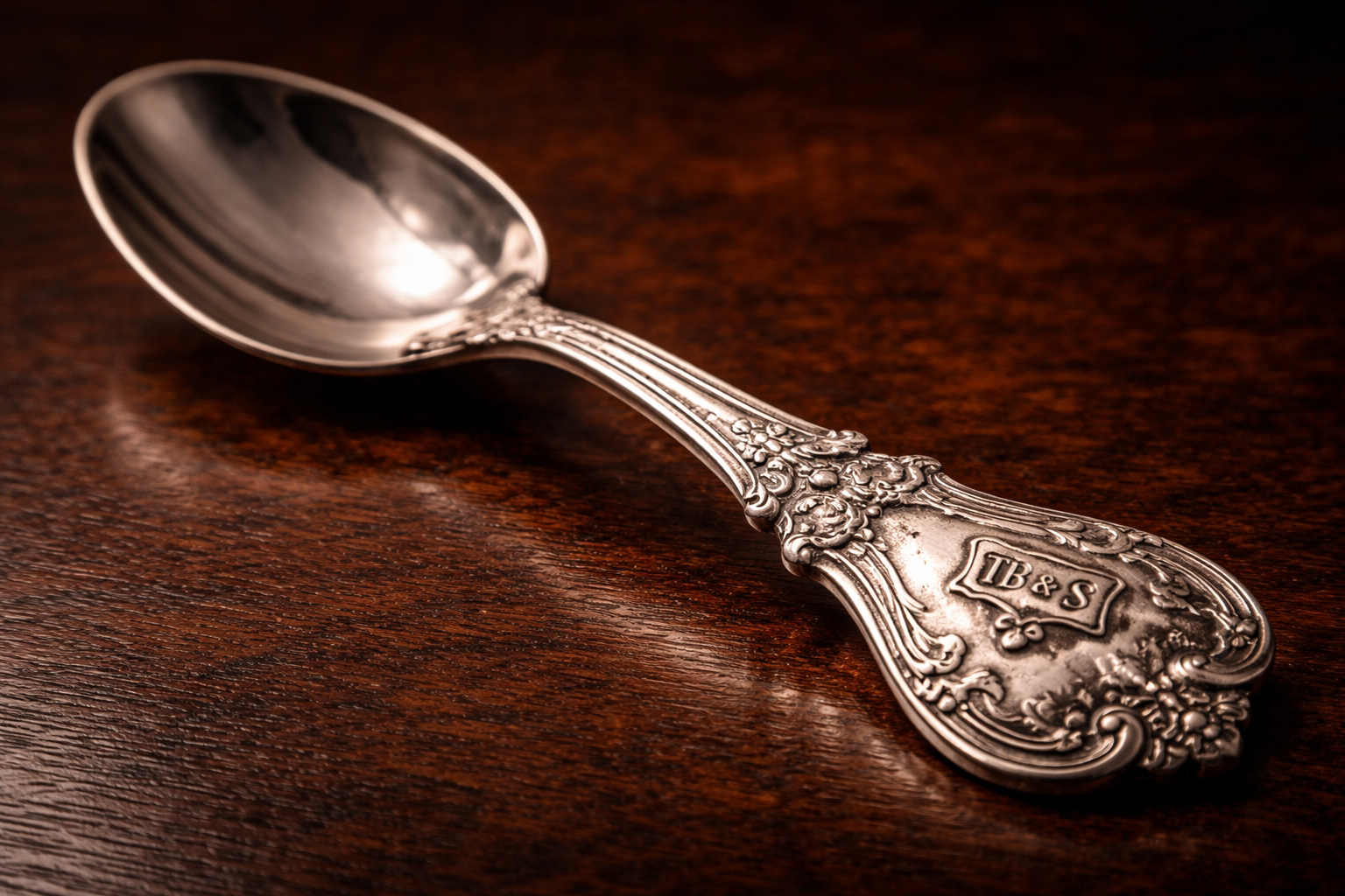 Close-up of antique sterling silver dessert spoon showing the Maker’s Mark hallmark