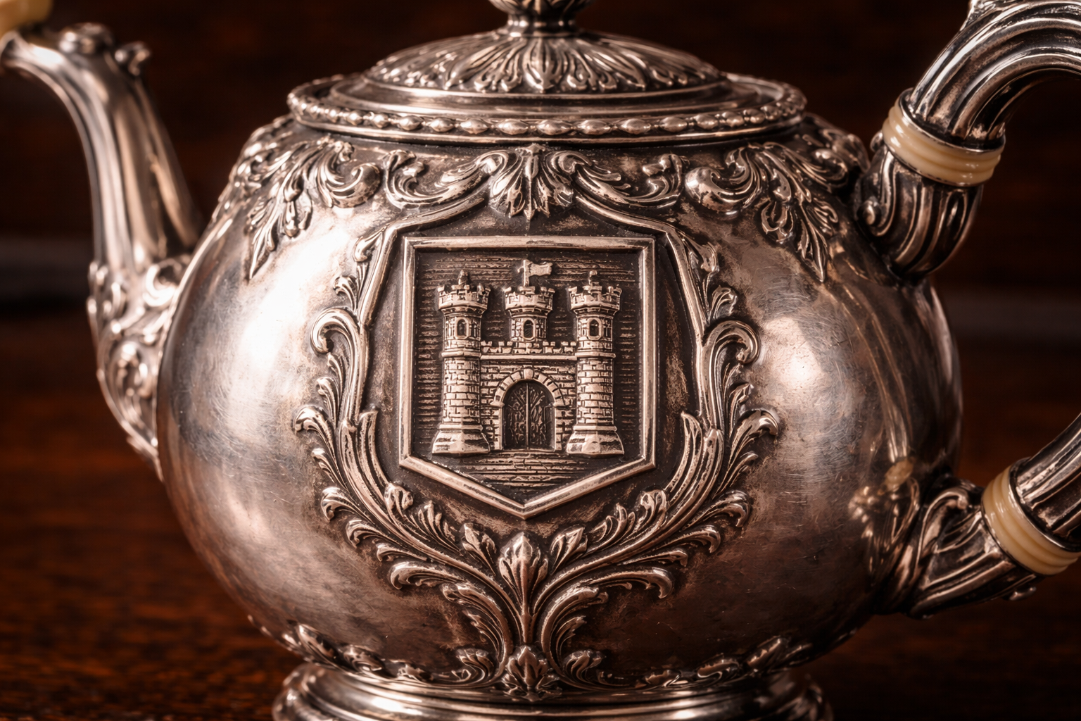 Antique sterling silver teapot featuring the Triple-Towered Castle hallmark of Edinburgh