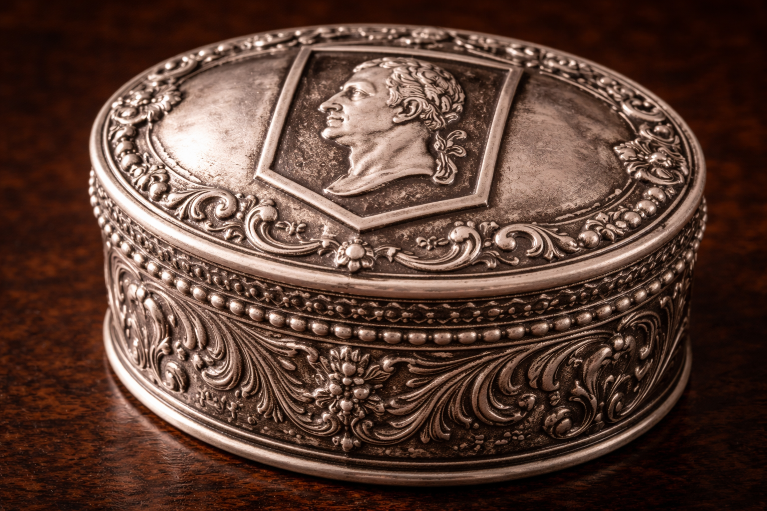 Georgian sterling silver pillbox featuring the Sovereign’s Head duty mark