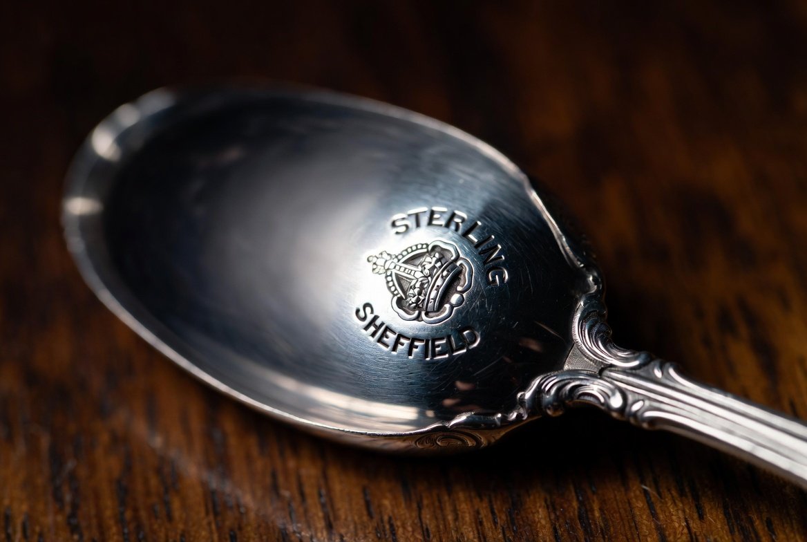 Close-up of antique sterling silver teaspoon showing the Sheffield Crown and Rose hallmark