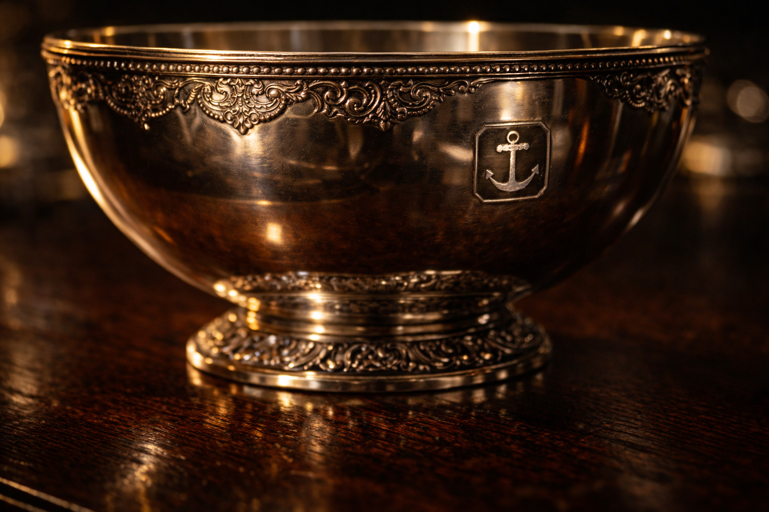 Antique sterling silver punch bowl featuring the classic Birmingham Anchor hallmark
