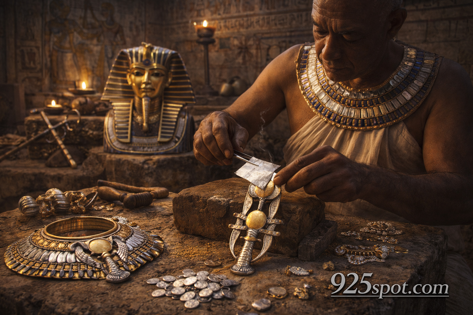 Egyptian silver plated over gold white gold effects royal jewelry