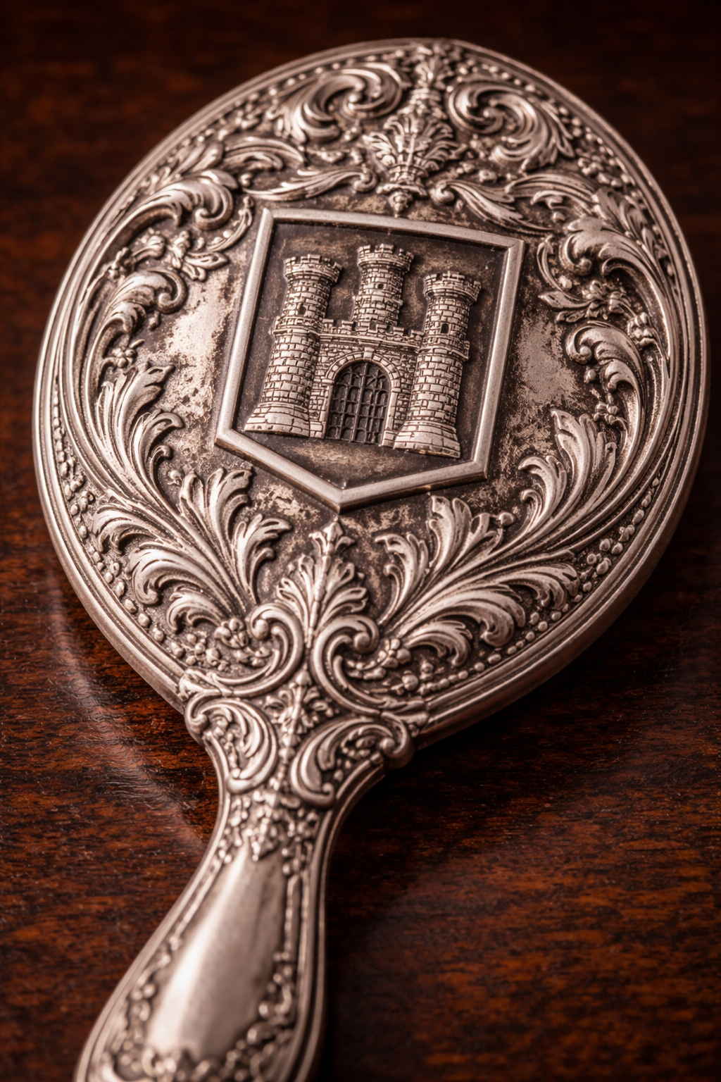 Antique sterling silver hand mirror featuring the Triple-Towered Castle hallmark of Edinburgh