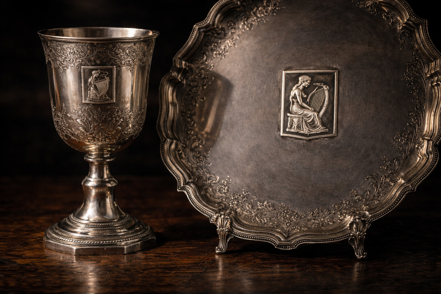 18th-century Irish sterling silver chalice and salver featuring the Hibernia hallmark from Dublin