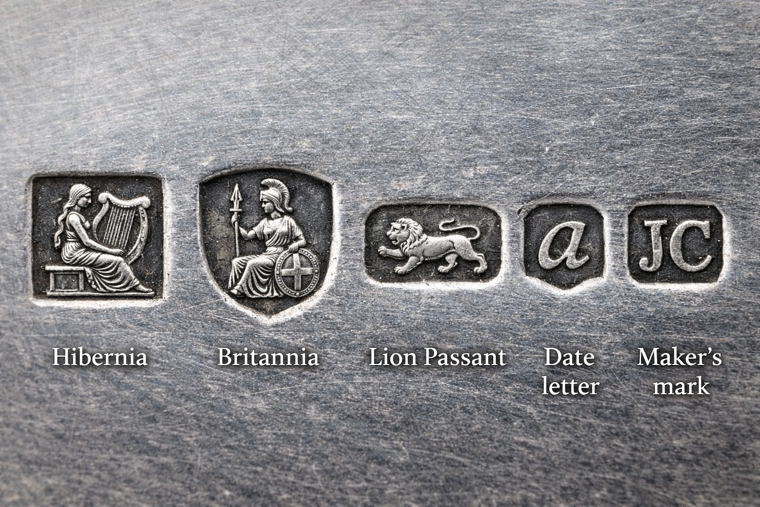 British and Irish silver hallmarks guide showing Hibernia, Britannia, Lion Passant and more