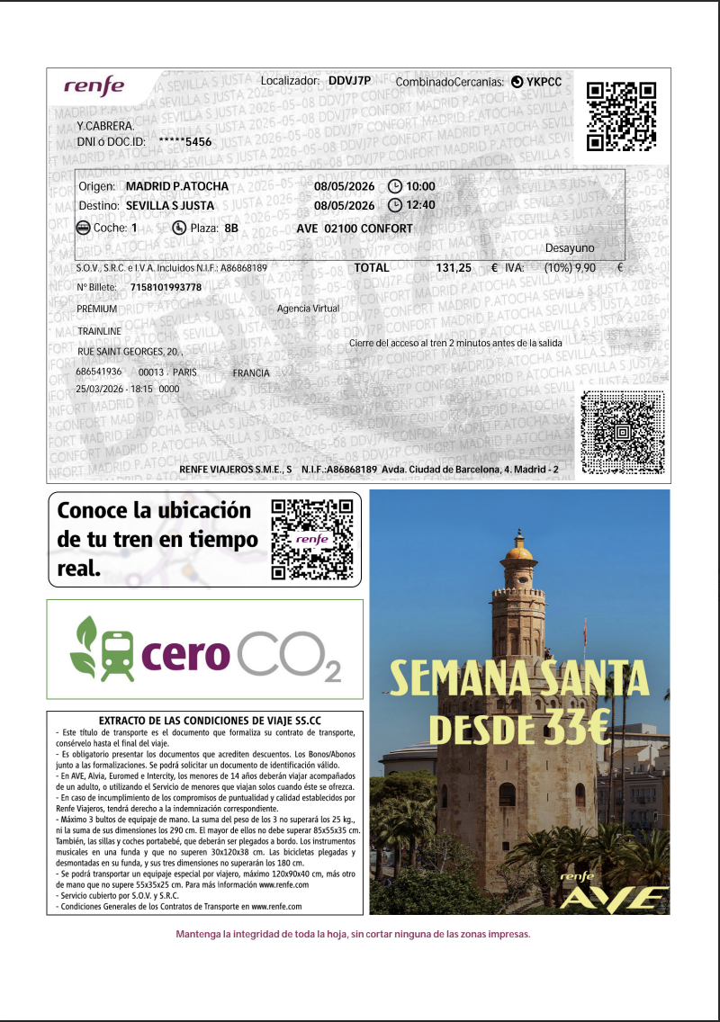 Renfe AVE Ticket - Y. Cabrera - Madrid to Seville - Coach 1 Seat 8B