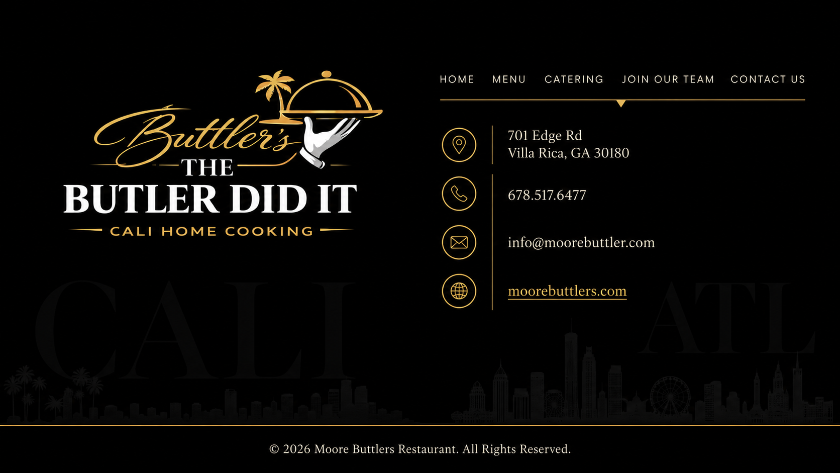 Buttler's restaurant contact information and website navigation