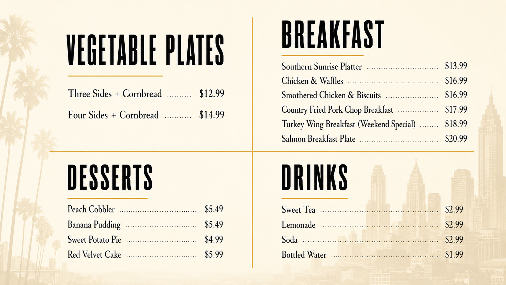 Buttler's breakfast plates, vegetable plates, desserts, and drinks menu