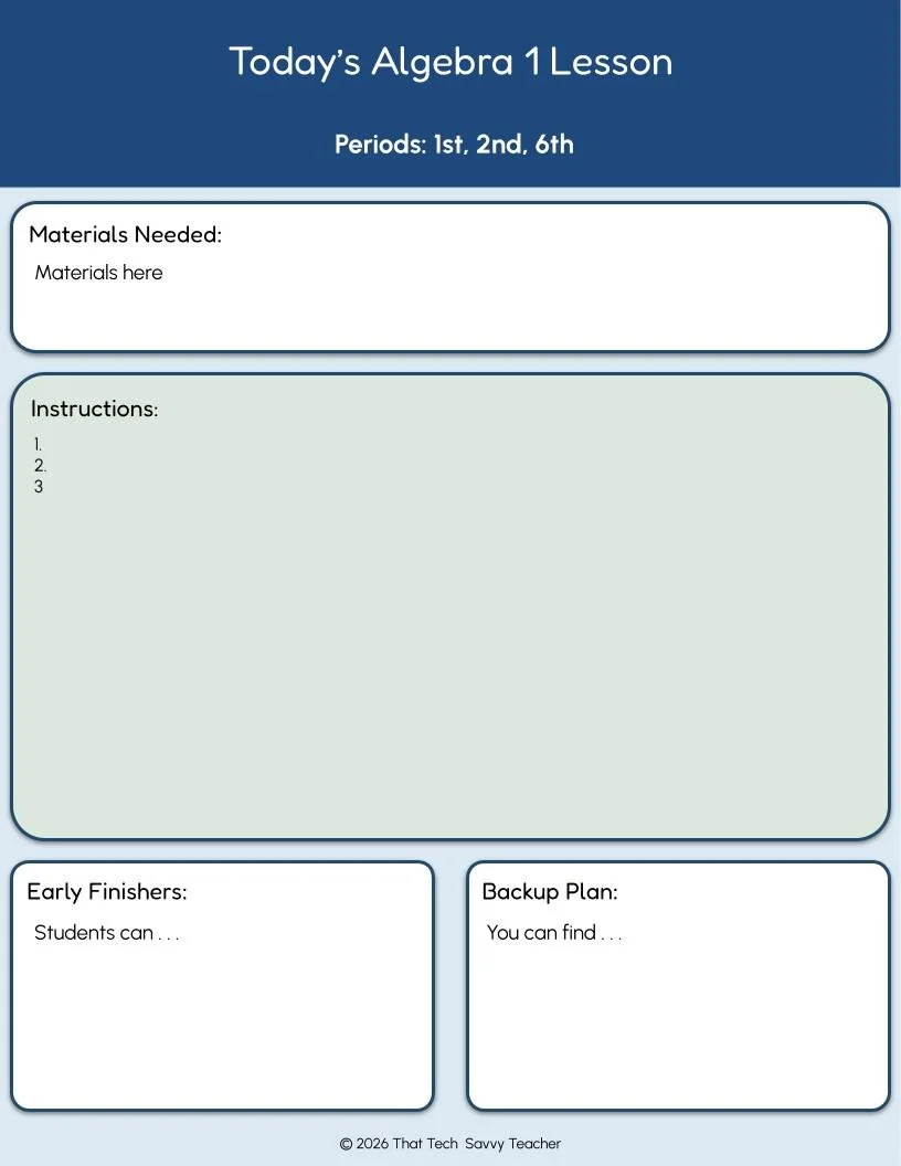Sample sub plan slide showing periods 1st, 2nd, 6th