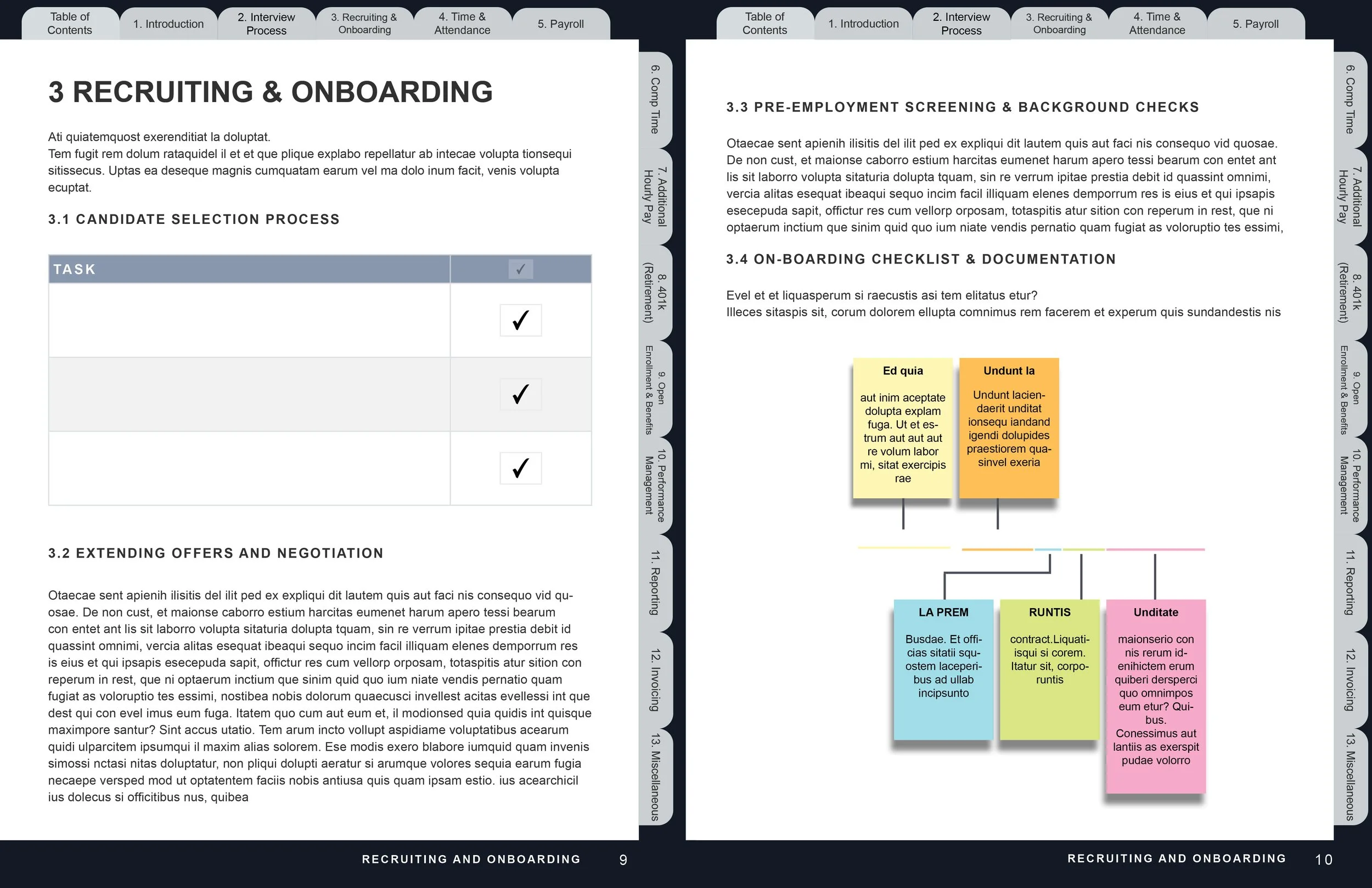 Interactive ops manual spread showing tabs, bookmarks, checklist tables, and an onboarding flowchart