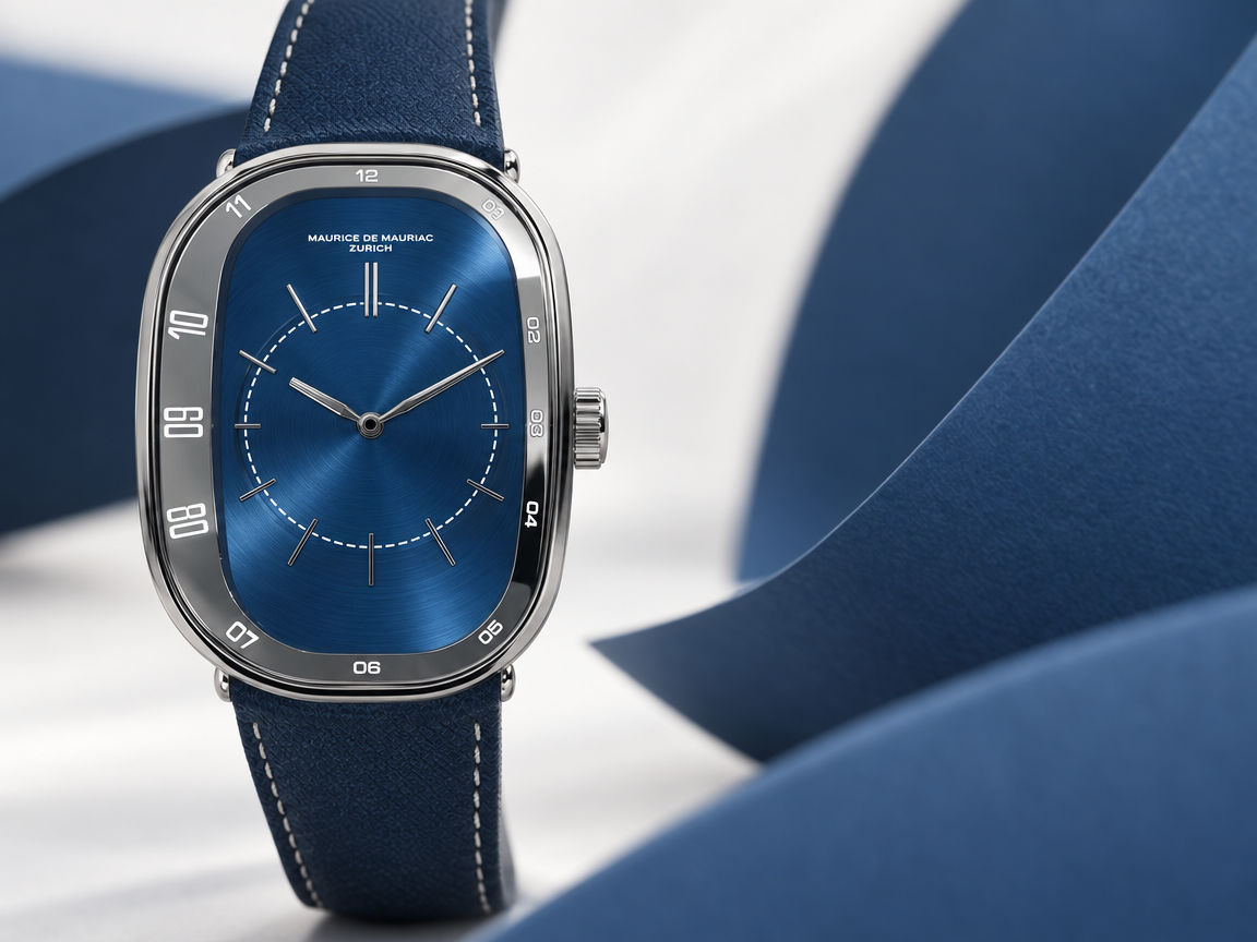Front view of the Letzigrund watch concept, showing its blue dial and stadium-inspired case