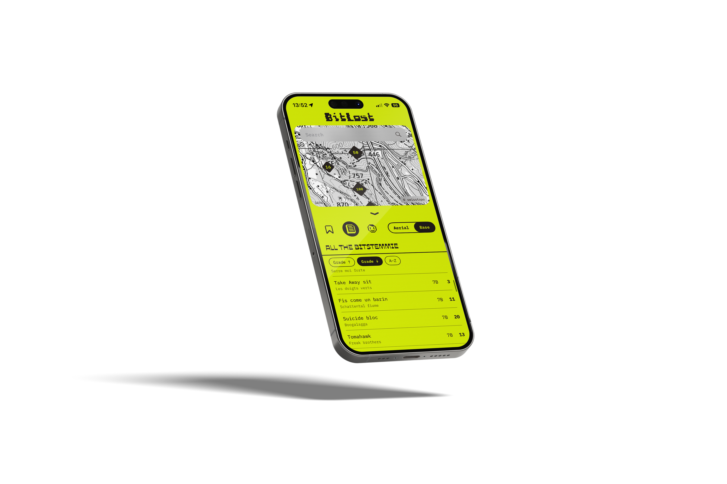 BitLost search and browse screen with climb names, grades, sectors and blocks.