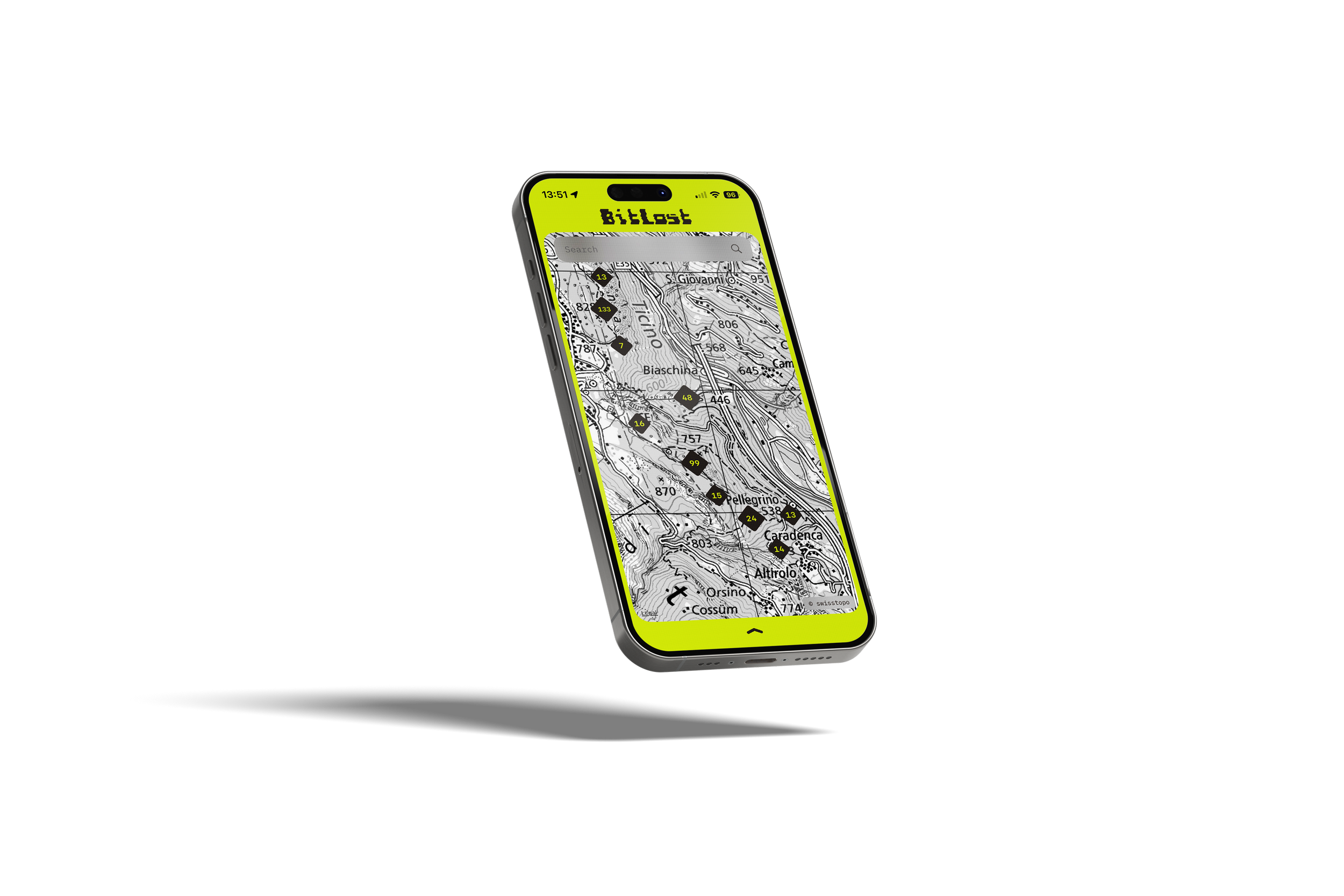 BitLost map screen showing sectors and blocks on a Swiss topo map.