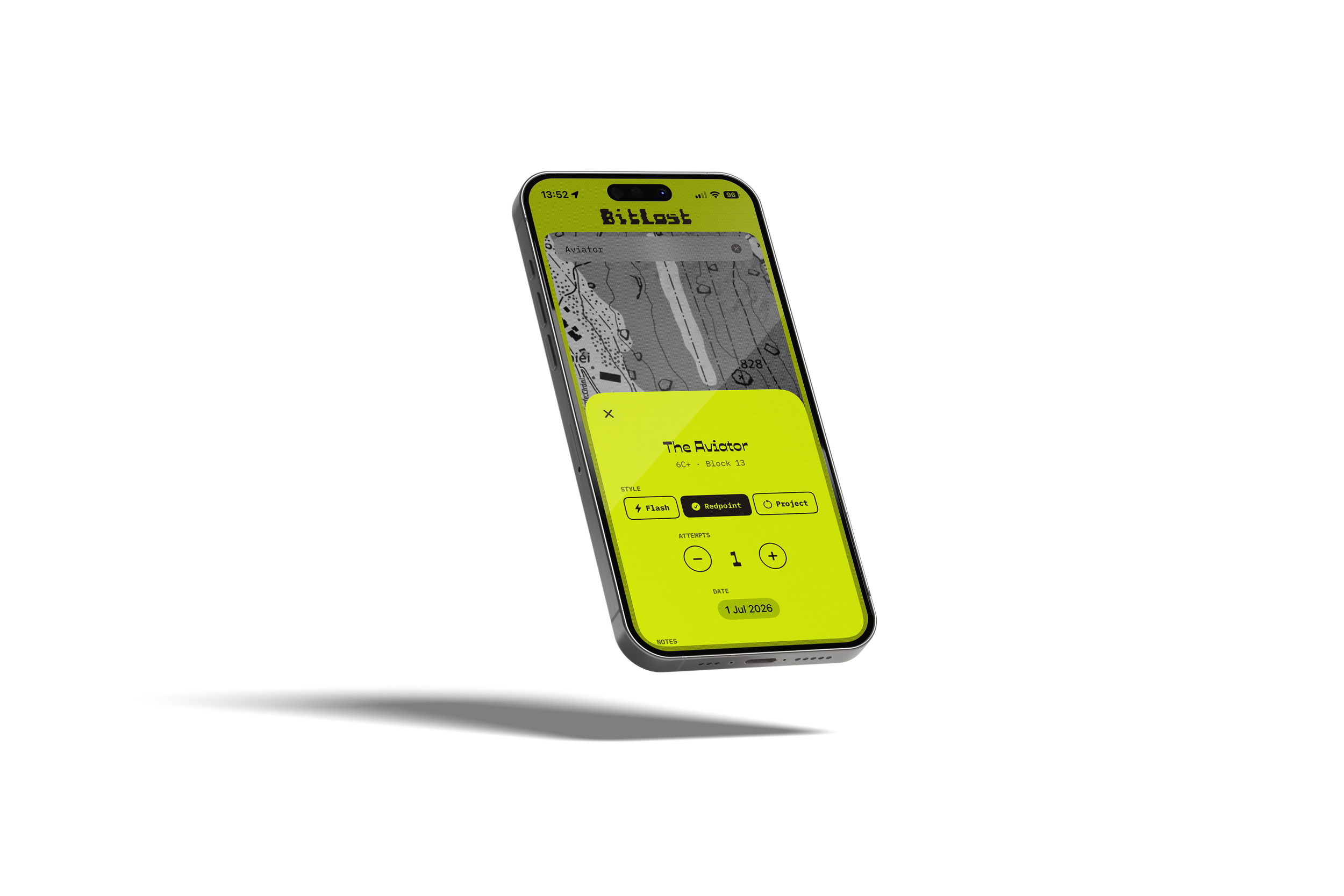 BitLost ascent logging screen with style, attempts, date and notes controls.