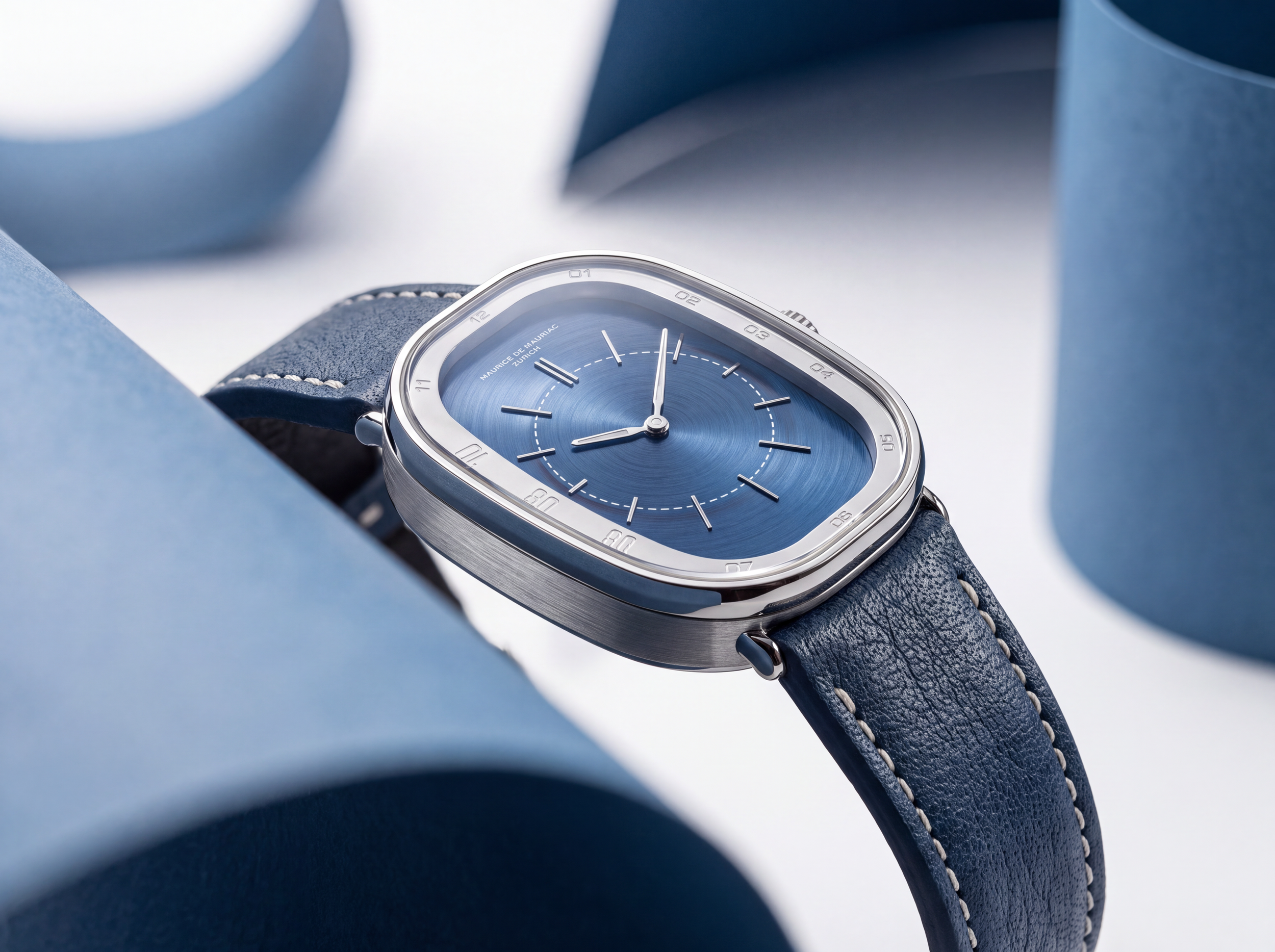 Angled view of Manfredi Calamai’s independent Letzigrund watch design with a blue strap