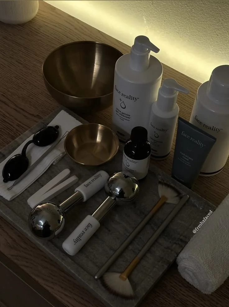 The facial set-up with tools and serums