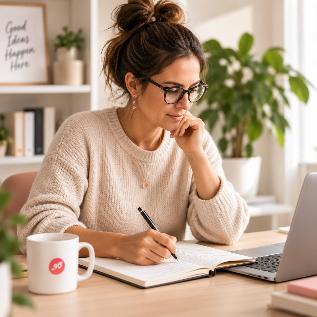 Woman working at her desk and writing in a notebook
