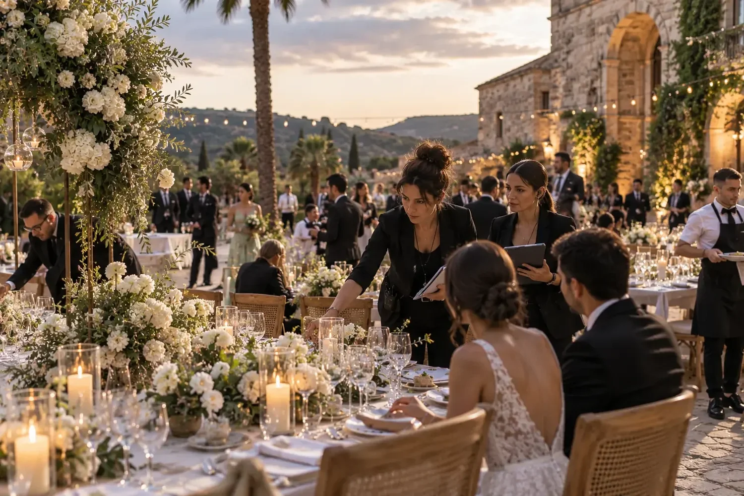 Wedding planners checking the reception tables at sunset at a Sicilian country estate while the bride and groom sit at dinner