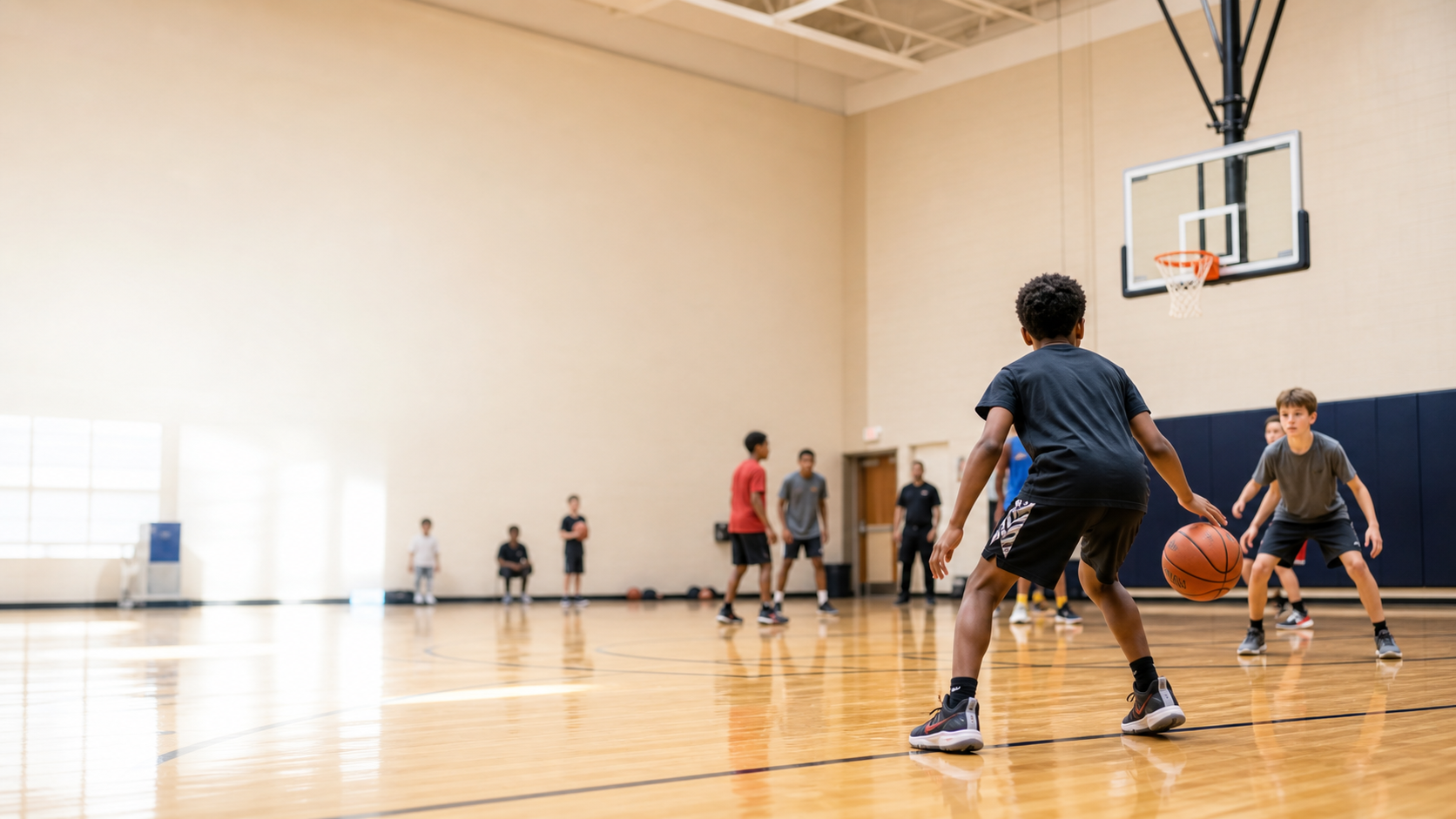 Young athletes participating in Run and Shoot basketball training