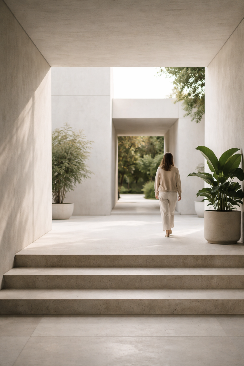 A guest walking through a light-filled architectural passage.