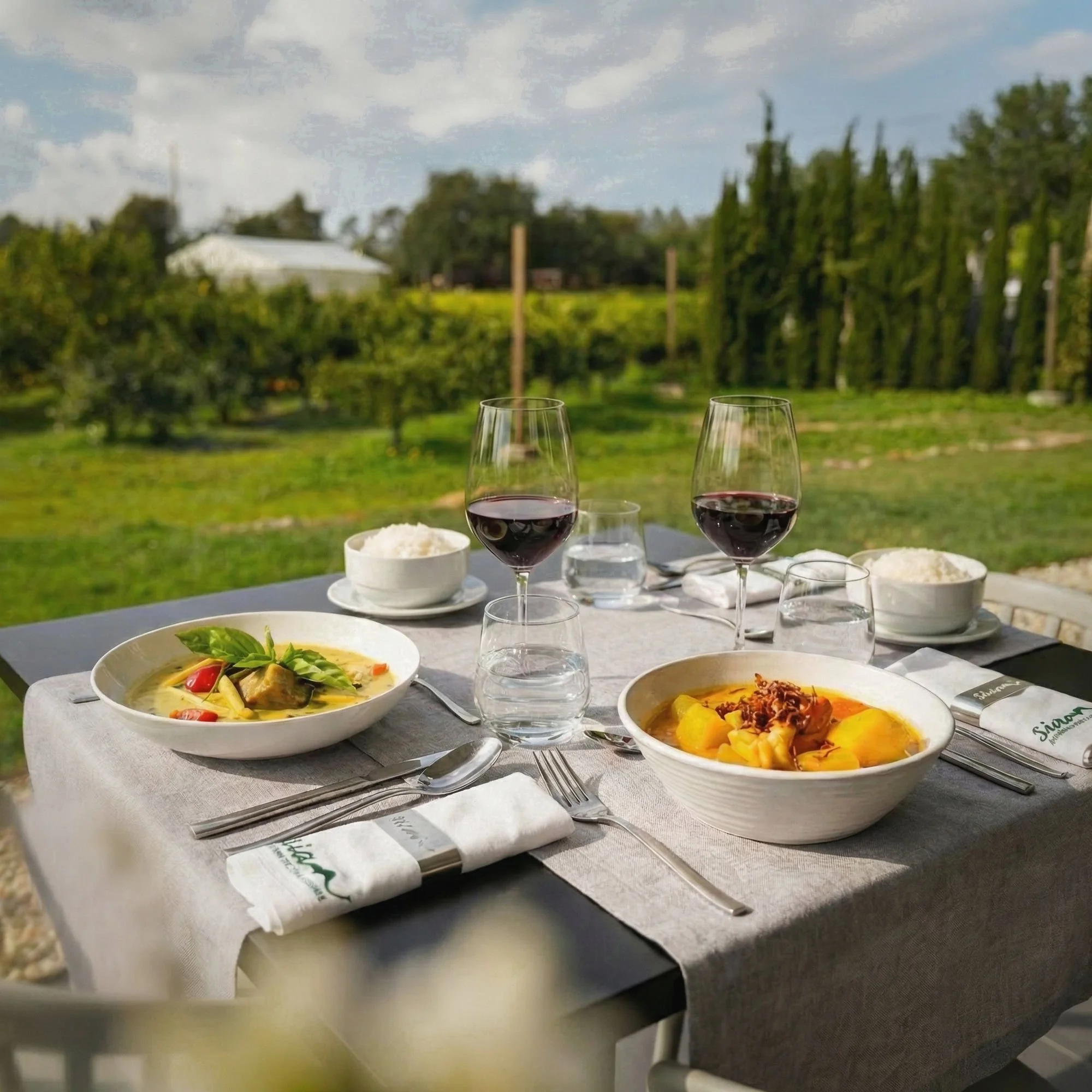 Two Thai curries on a table overlooking the orchard.