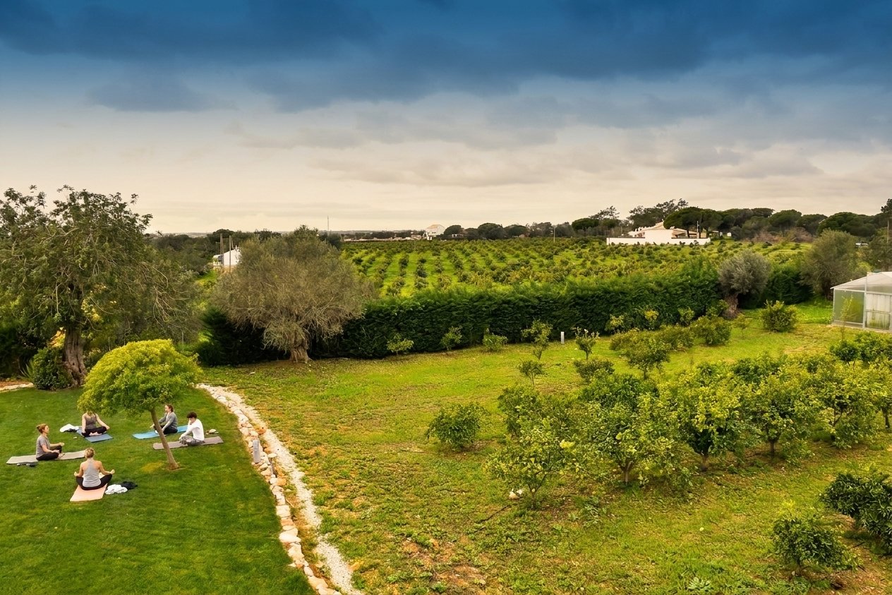 Morning yoga on the terrace at Mercedes Country House, overlooking the Algarve orchard.