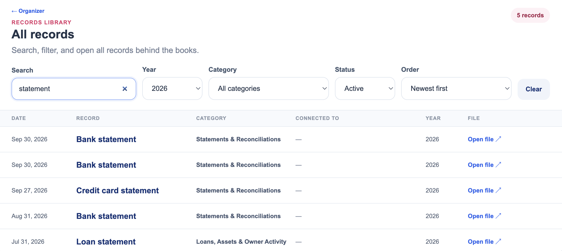 Searching Organizer for a statement, with filters for year, category, status, and order