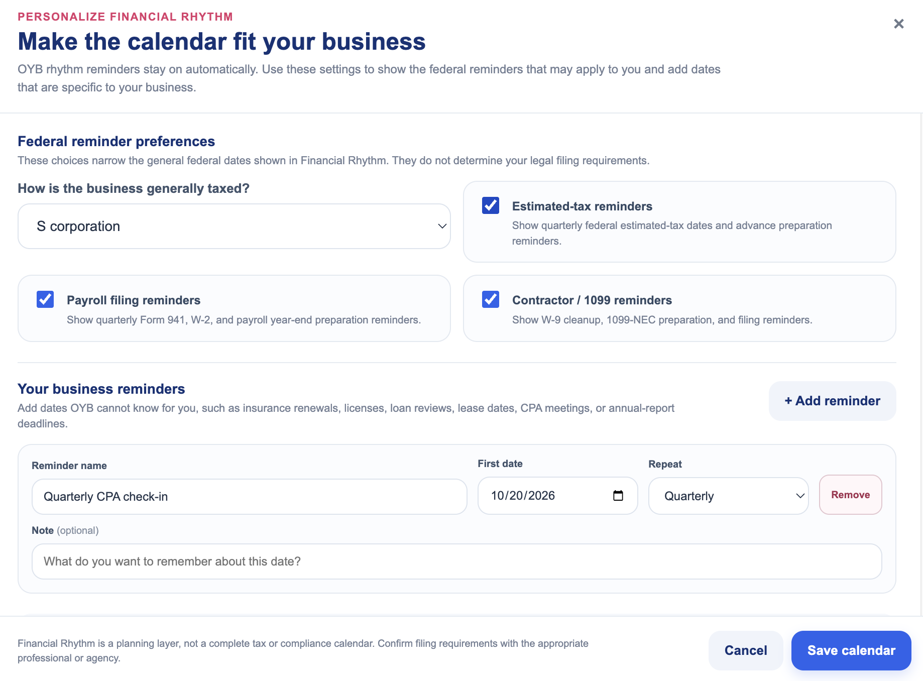 Personalizing Financial Rhythm with reminder types and a custom recurring business reminder