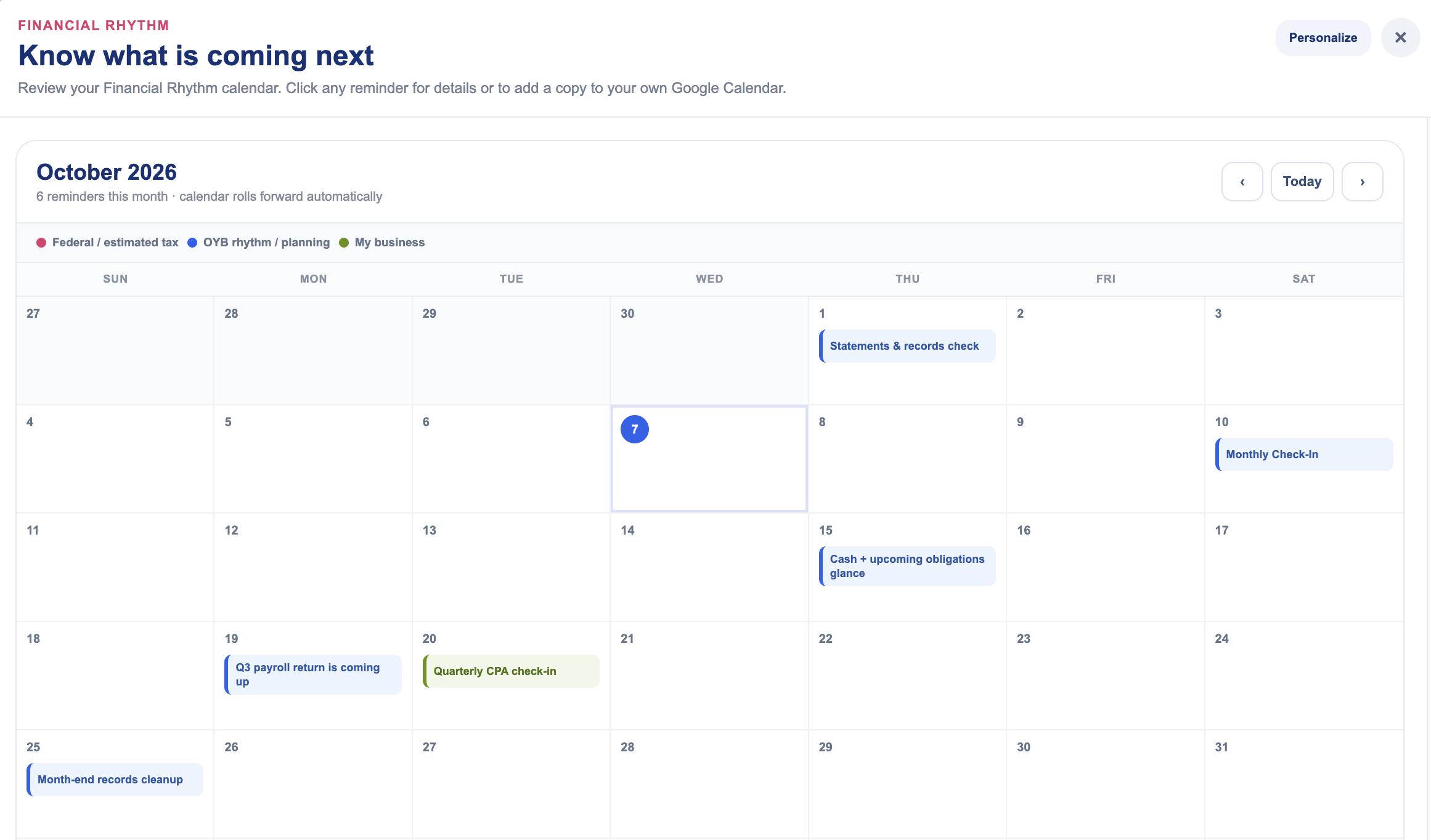 The Financial Rhythm calendar showing a month of OYB rhythm dates, financial reminders, and business dates