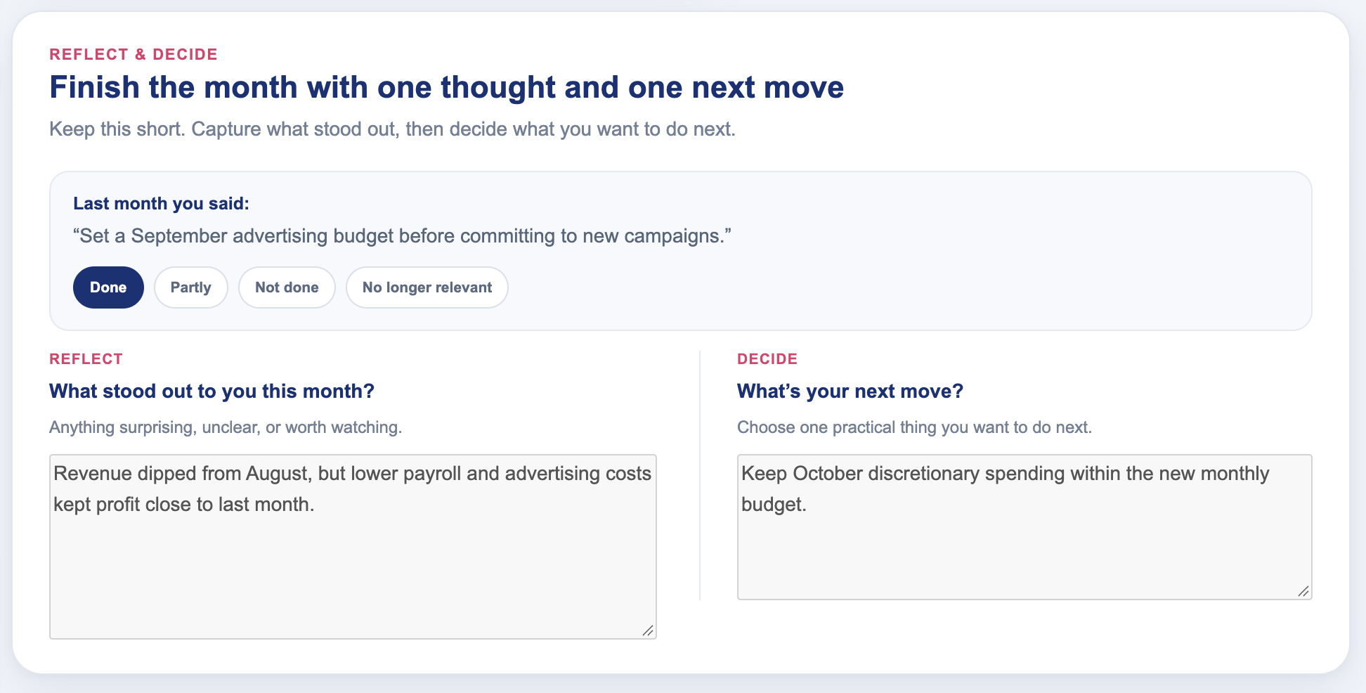 Monthly Check-In reflection, prior commitment, and next move
