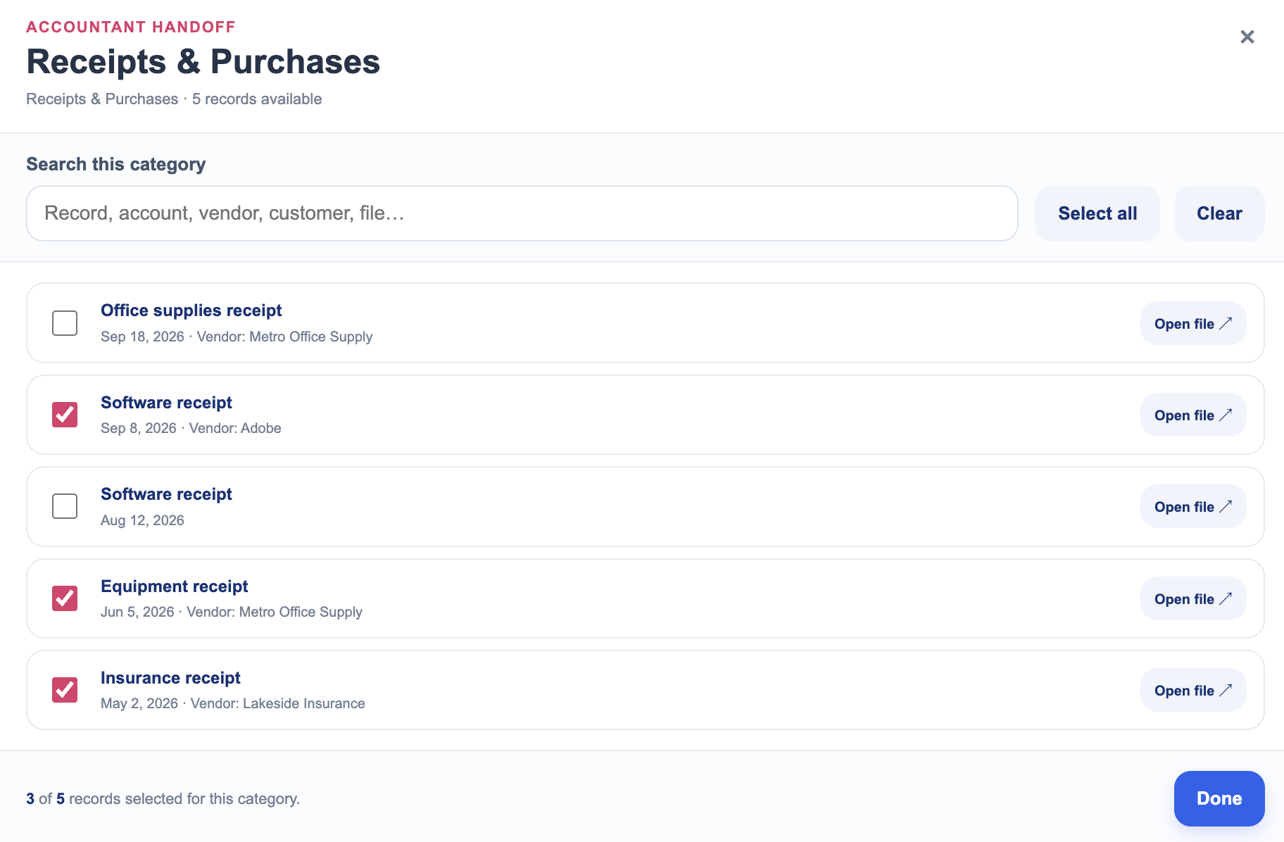 Choosing individual files from a category for an Accountant Handoff package