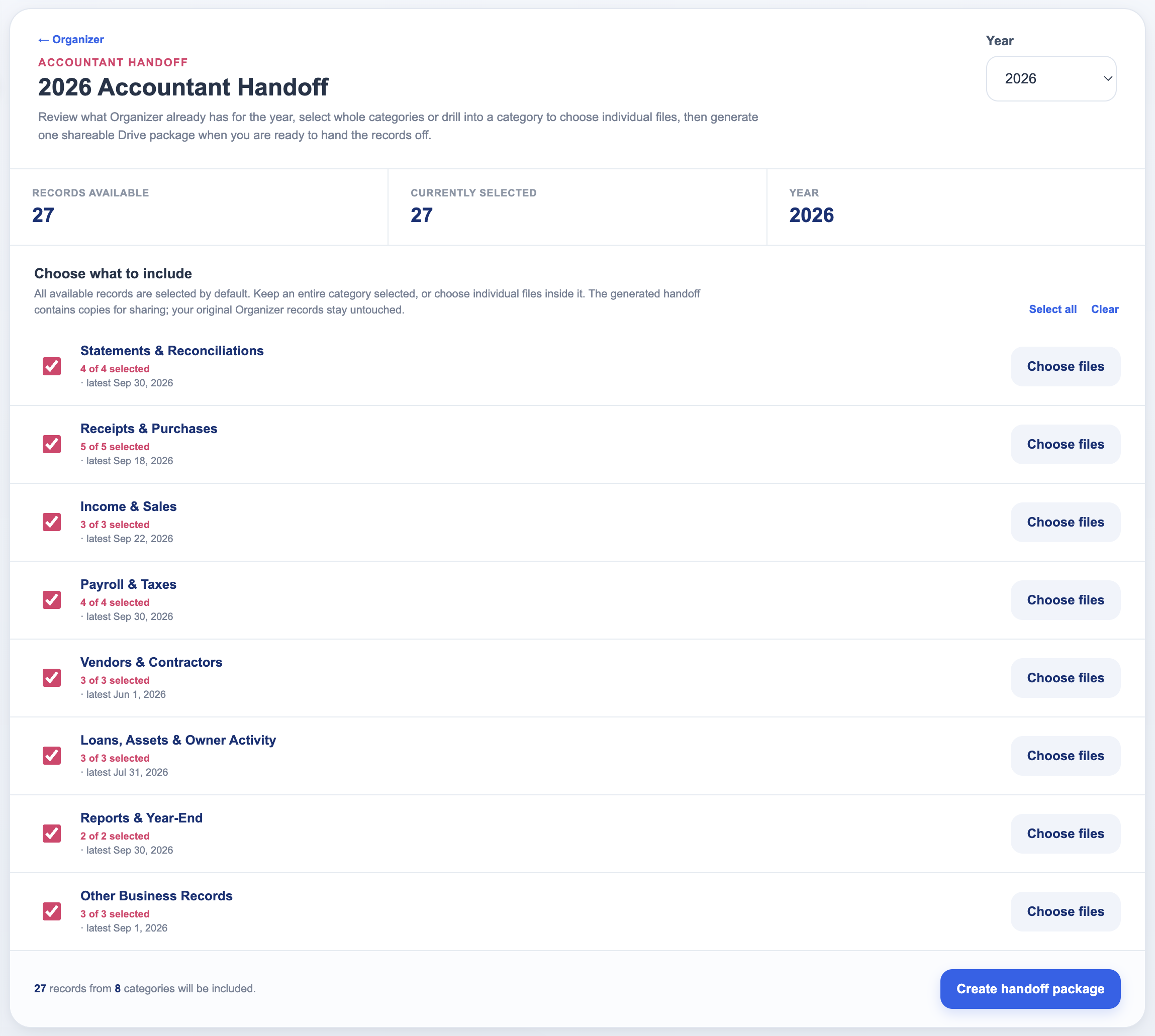 Accountant Handoff in Organizer, showing a year of records grouped by category