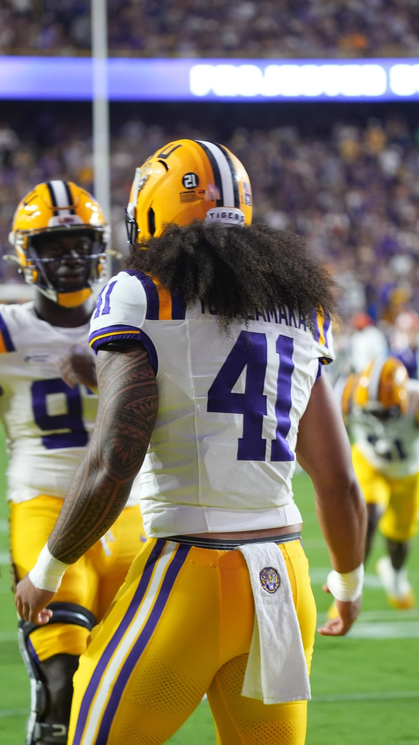 LSU player #41 on the field at Tiger Stadium, photo by Havoc Media GRP
