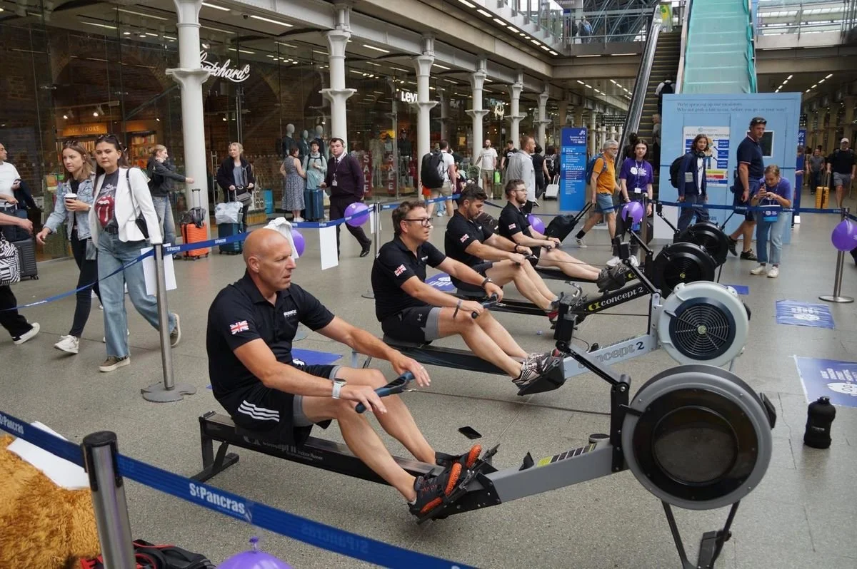 Darren, Matt, Simon, and Josh of the Endurance Limits Amazon Row team at the St Pancras live rowing charity event supporting Great Ormond Street Hospital.