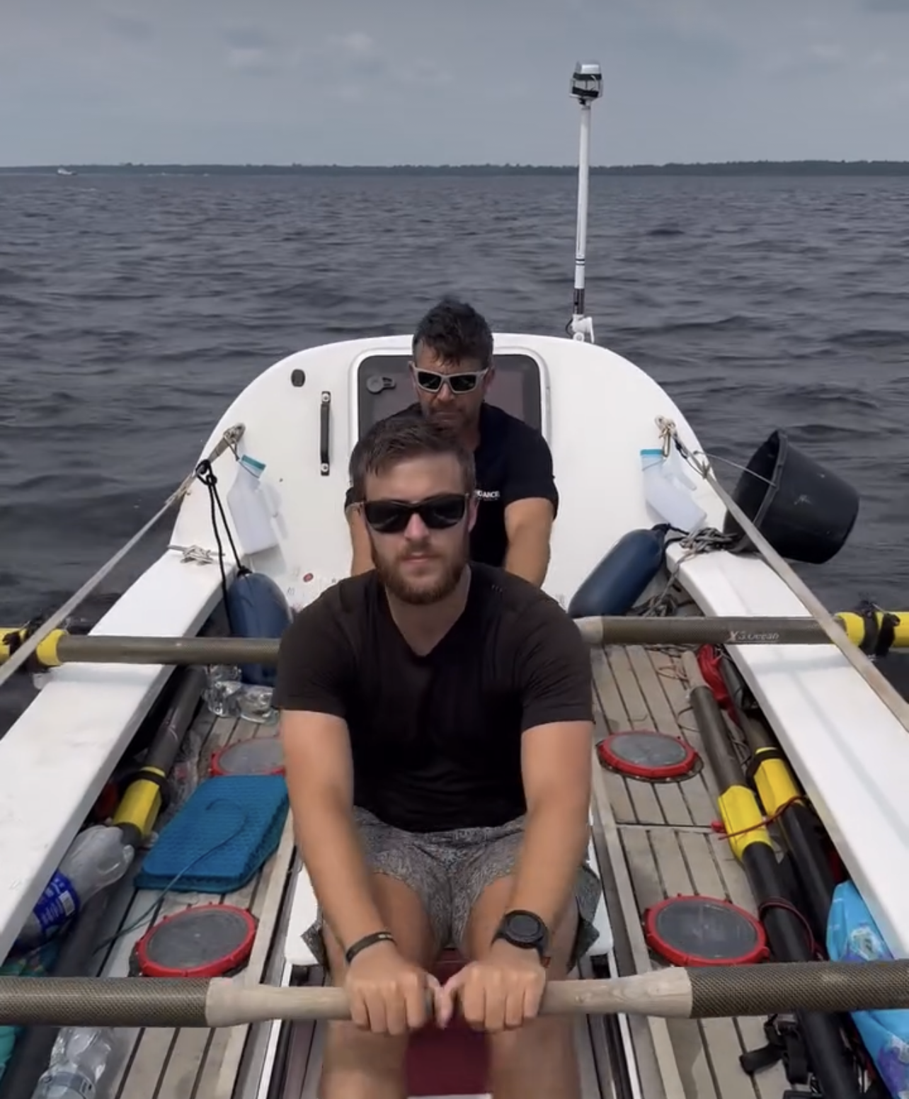 Josh and Matt of the Endurance Limits Amazon Row team rowing together on the Amazon River during the expedition.