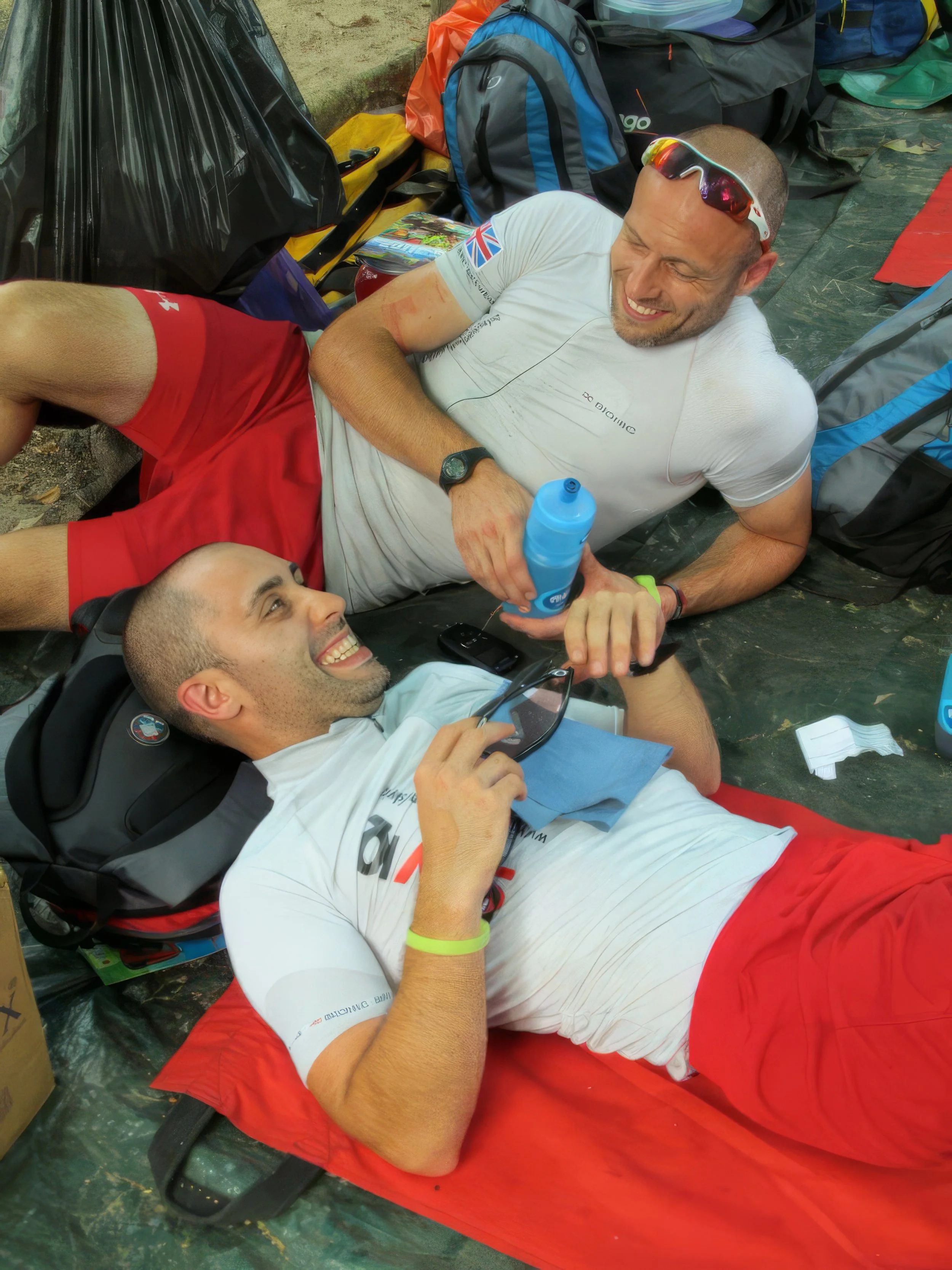 Darren and Arron of the Endurance Limits Brazil Jungle Ultra Marathon team resting together during the adventure in support of Great Ormond Street Hospital.