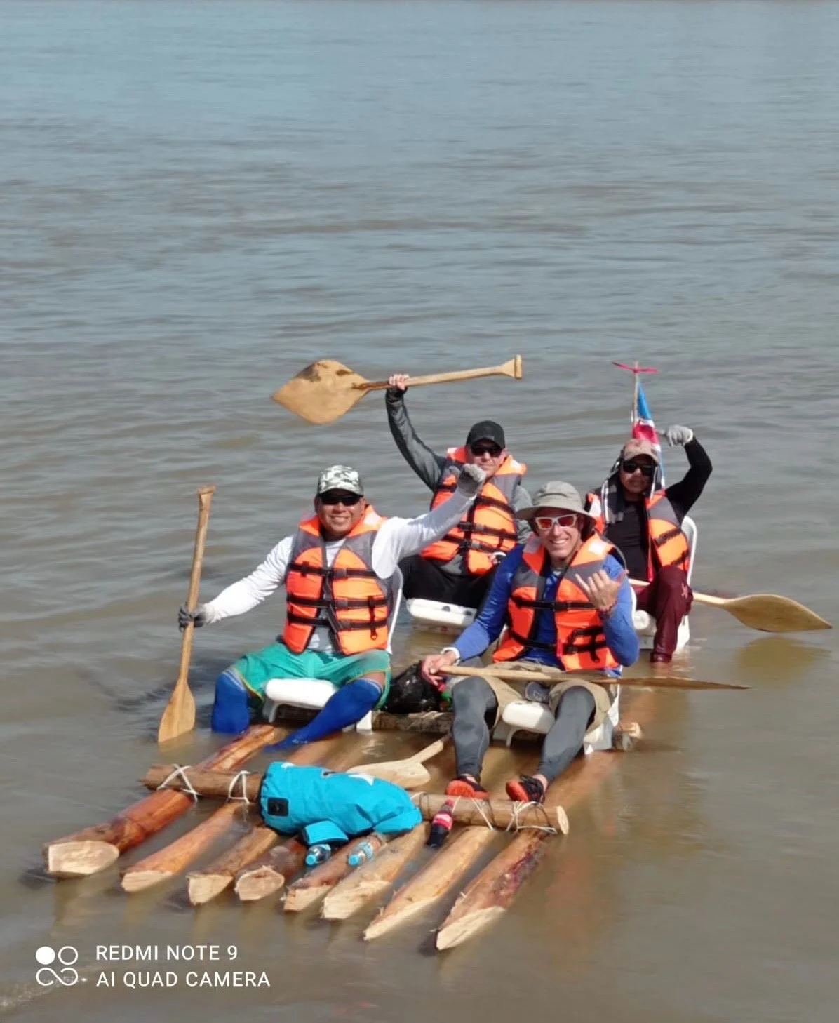 Darren and Simon of the Endurance Limits Amazon Row team training together on a wooden raft before the Amazon River expedition.