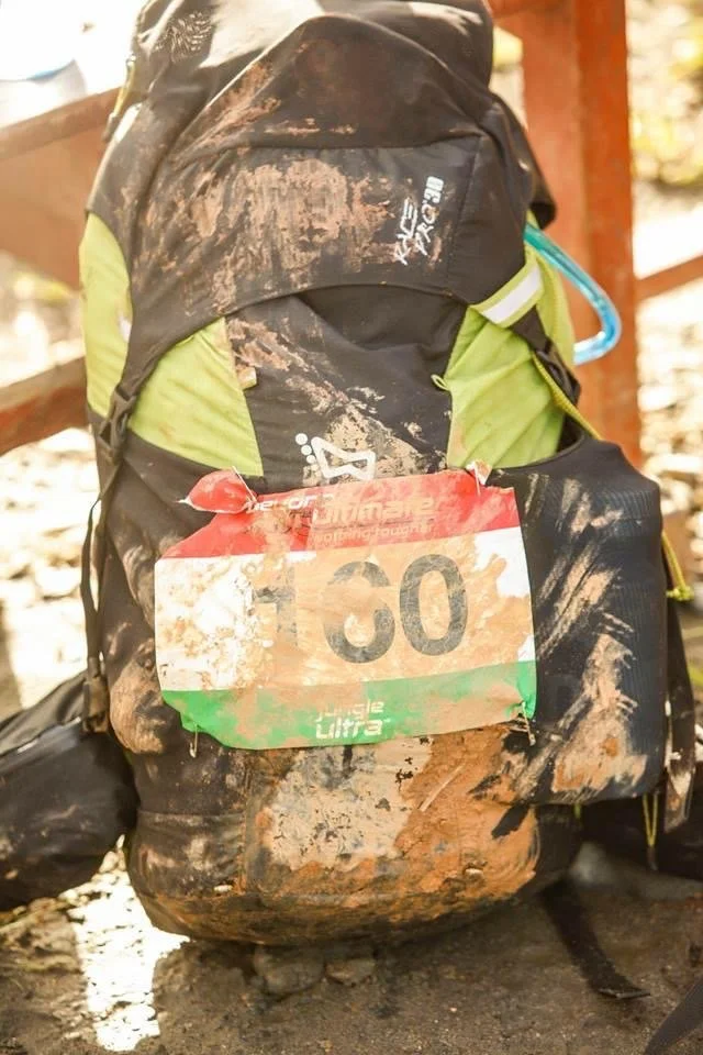 Darren's muddy race bag after completing the Endurance Limits Peru Ultra Marathon adventure.