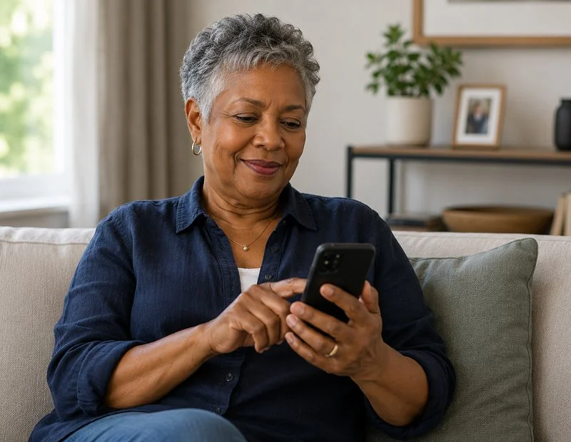 Woman holding a phone looking at it, sitting on a sofa