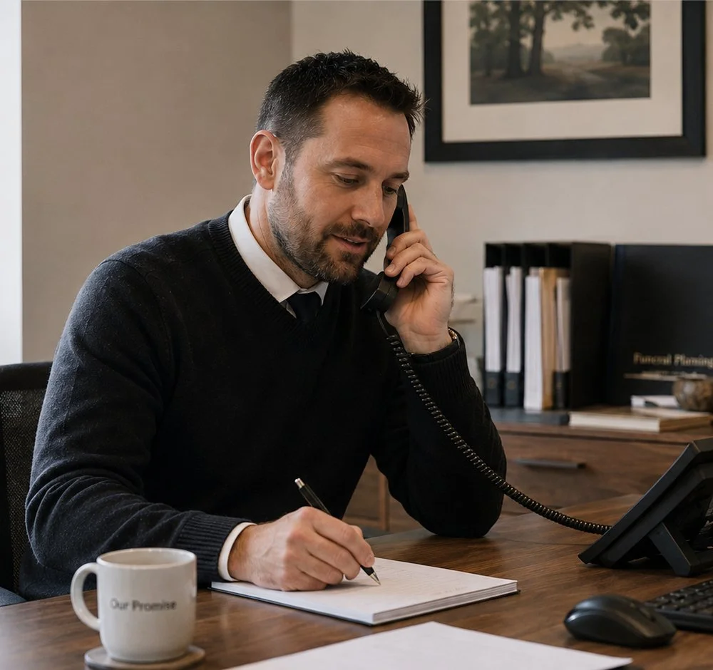 Man talking to someone on the phone whilst writing on a notepad