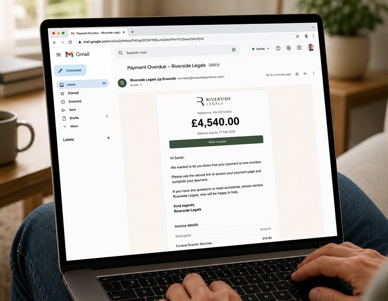 Open laptop displaying the gmail UI with a payment link sent from Ensembl Payments