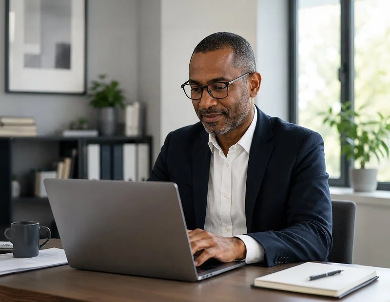 Man sitting at desk typing on a laptop