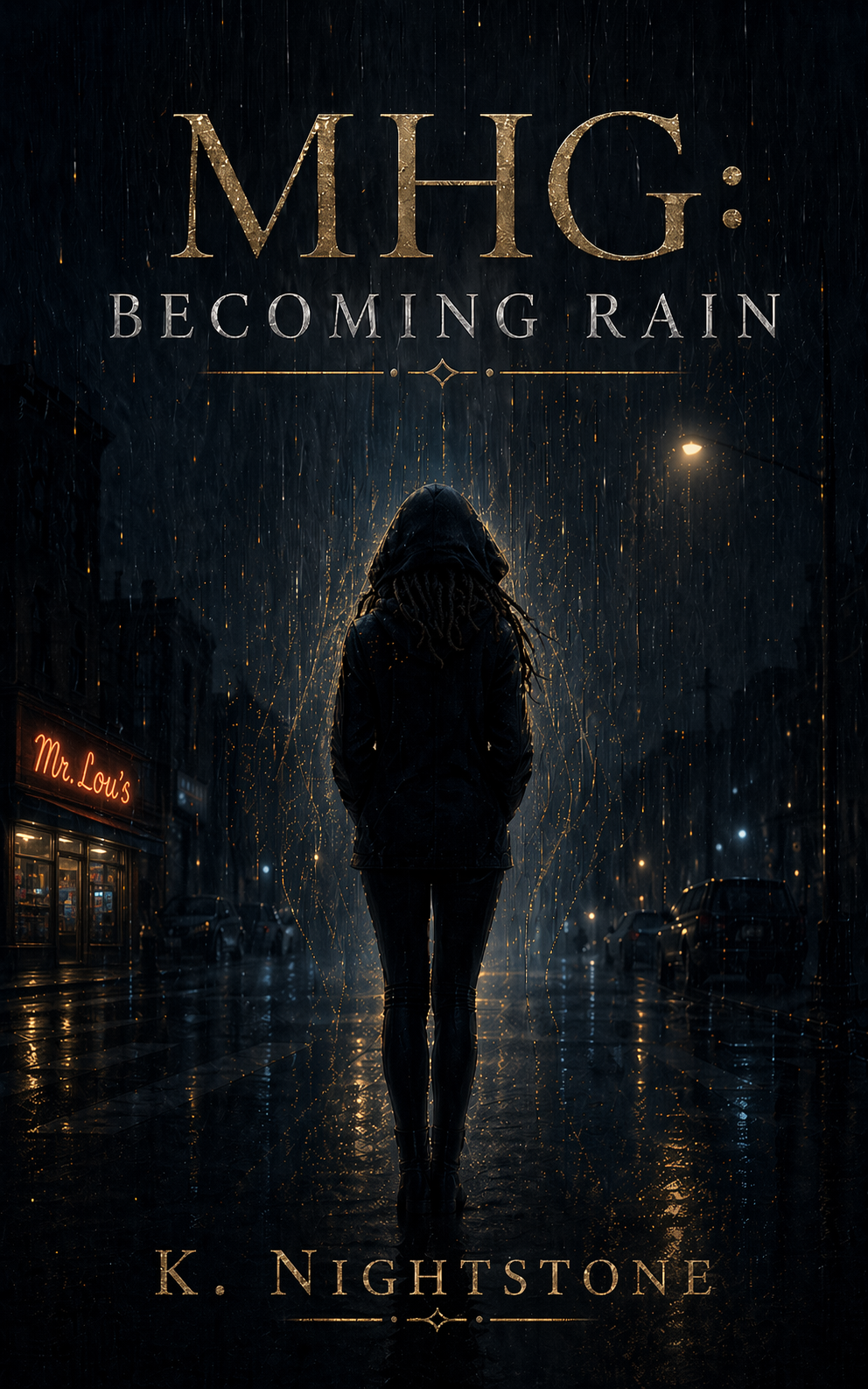 Cover of M.H.G.: Becoming Rain by K. Nightstone, a hooded figure on a rain-soaked Queens street at night.