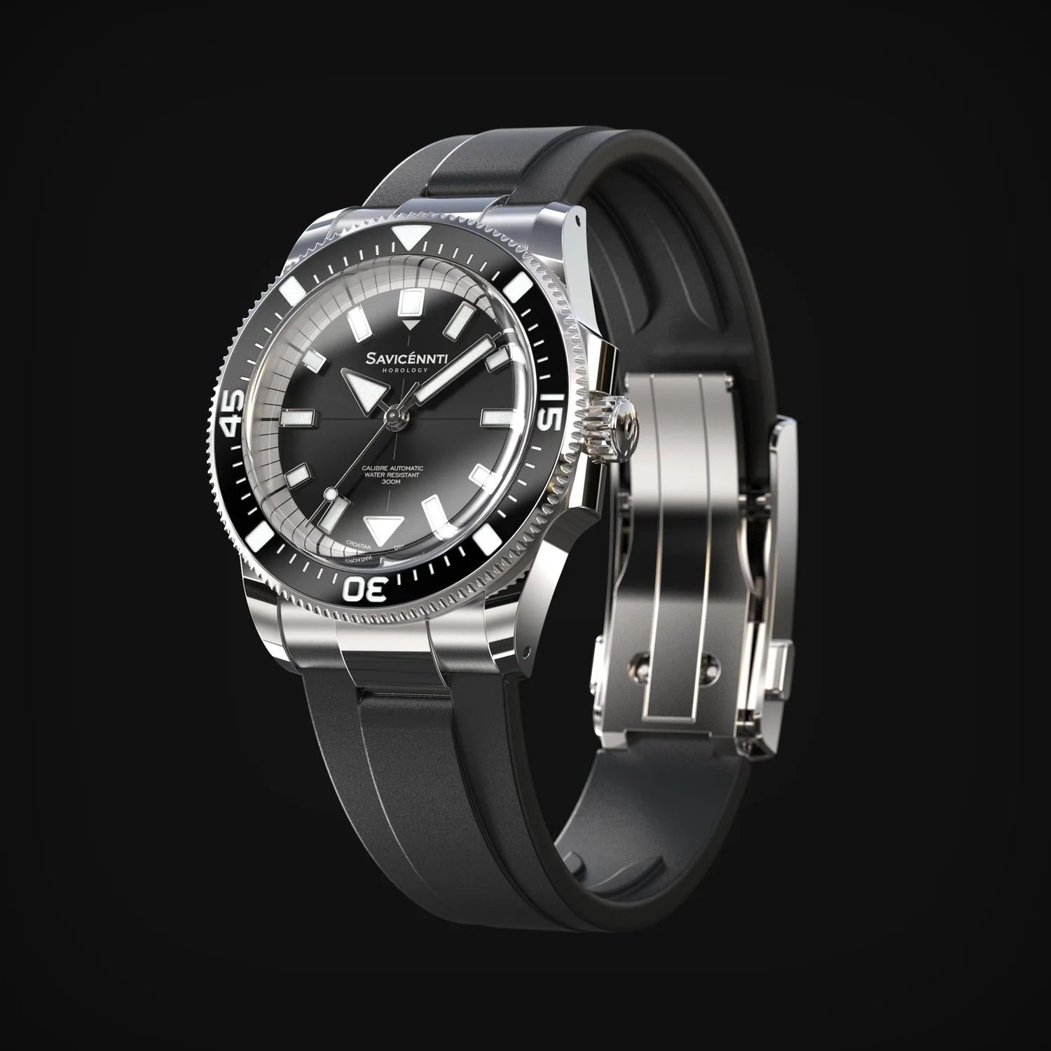 SAVICÉNNTI CETUS DIVER black rubber strap angled product image