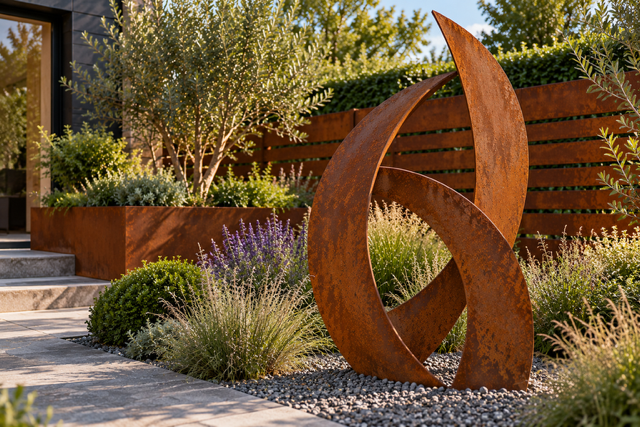 Sculptural Corten steel feature in a landscaped garden, design example
